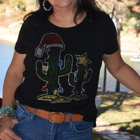Christmas Cactus rhinestone bling RN SS shirt XS S M L XL XXL 1X 2X 3X 4X 5X - Picture 8 of 9